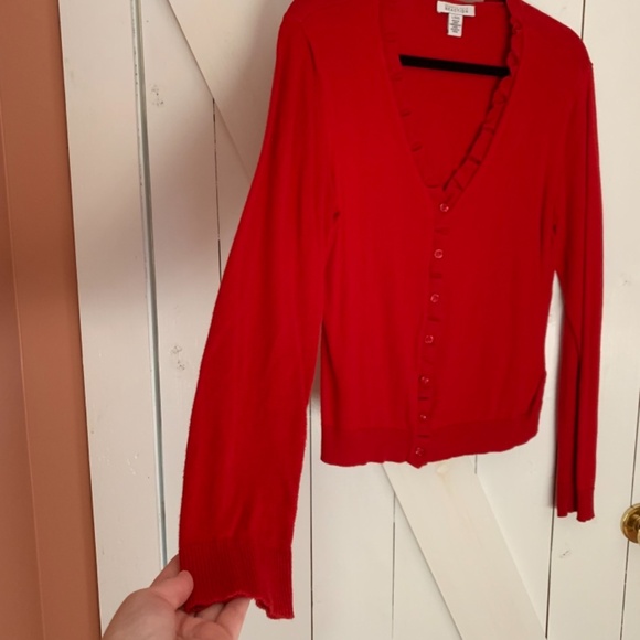 Button Down V-Neck Cardigan Sweater Red Ruffle Church Librarian Academia Style - Picture 2 of 8